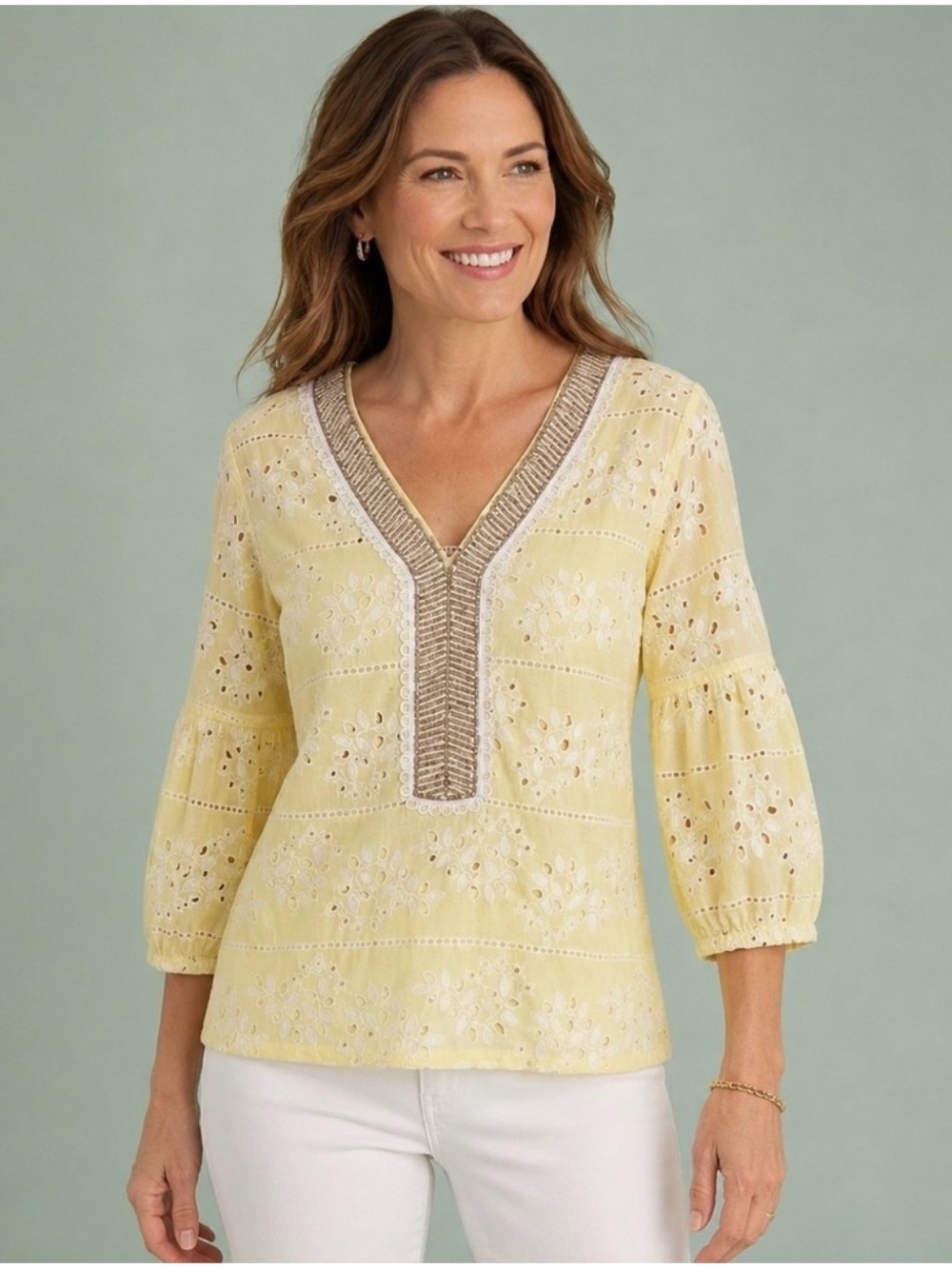 Chico's Pale Yellow Eyelet V-Neck Tunic with Embroidered Placket